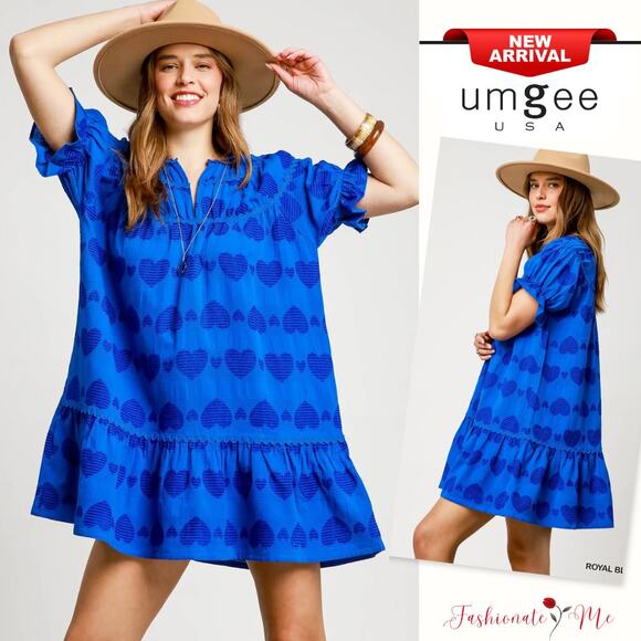 Umgee Heart Pattern Ruffle Short Sleeves Relaxed Babydoll Mini Dress | Royal - Picture 1 of 6